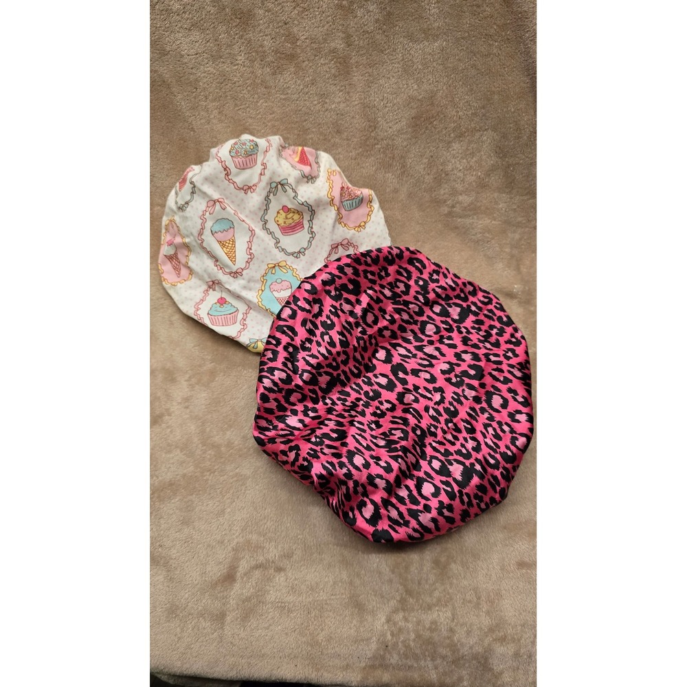 Set of 2 Hair Bonnets Pink Leopard Print and Pastel Cupcake Sleep Caps